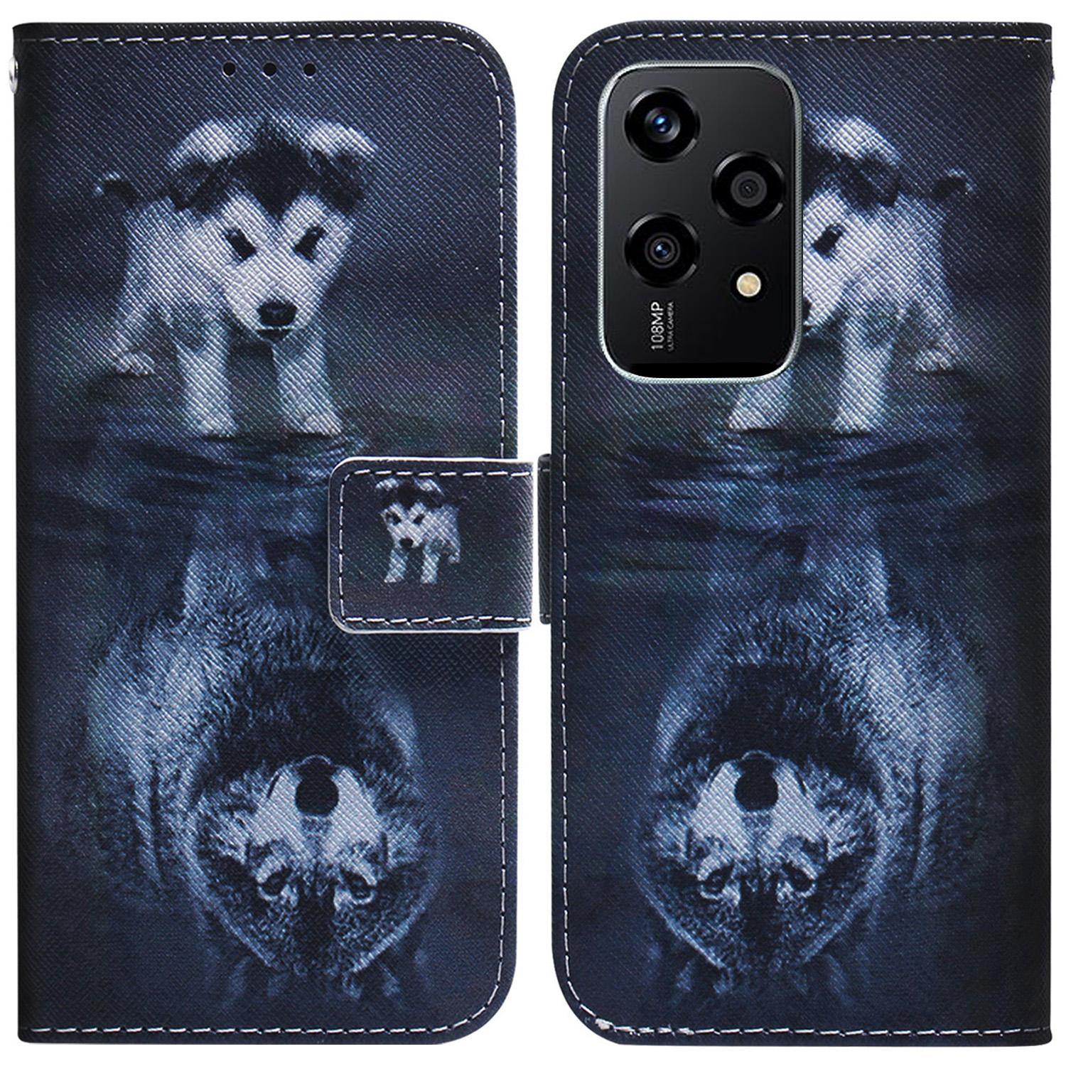

For Honor 200 Lite Wallet Case Pattern Print Anti-Drop PU Leather Flip Phone Cover Dog and Wolf