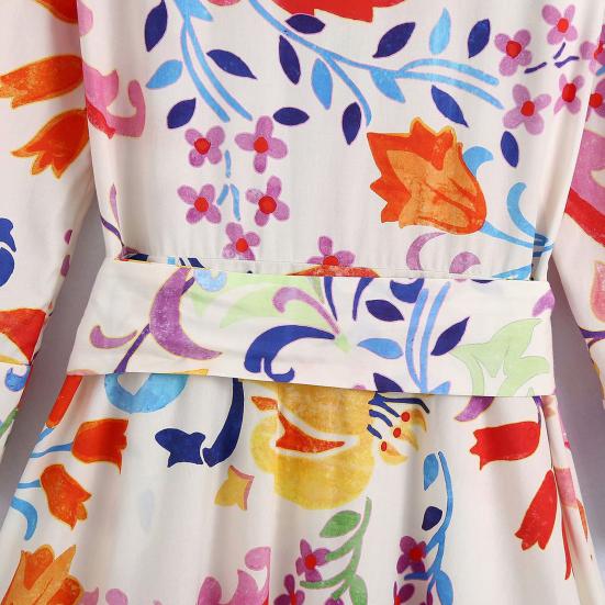 Floral Print Women Dress Turn-down Collar A-Line 45720 Sleeve Single-breasted Mid-Calf Shirt Dress