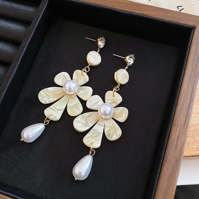 Romantic Waltz~ French retro flower pearl earrings light luxury high-end stud earrings long fringed earrings for women