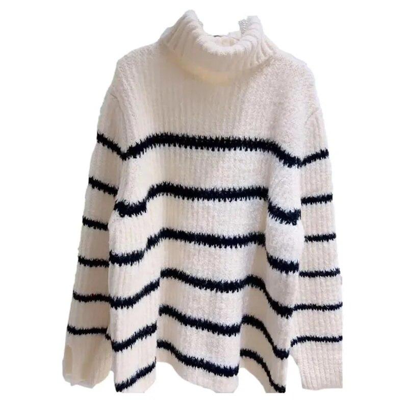 Dámský dlouhý svetr s rolákem Černobílý pruh Volný pletený pulovr Střední délka Teplý Streetwear styl Svetr Podzim a Zima