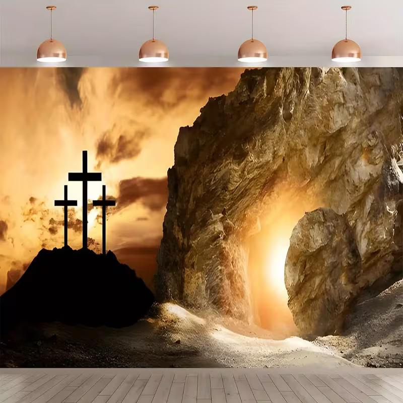 

2D Resurrection Sunday Background, Calvary Cross & Sunrise Tomb Backdrop for Religious Events 47.2x31.5inch/120*80cm