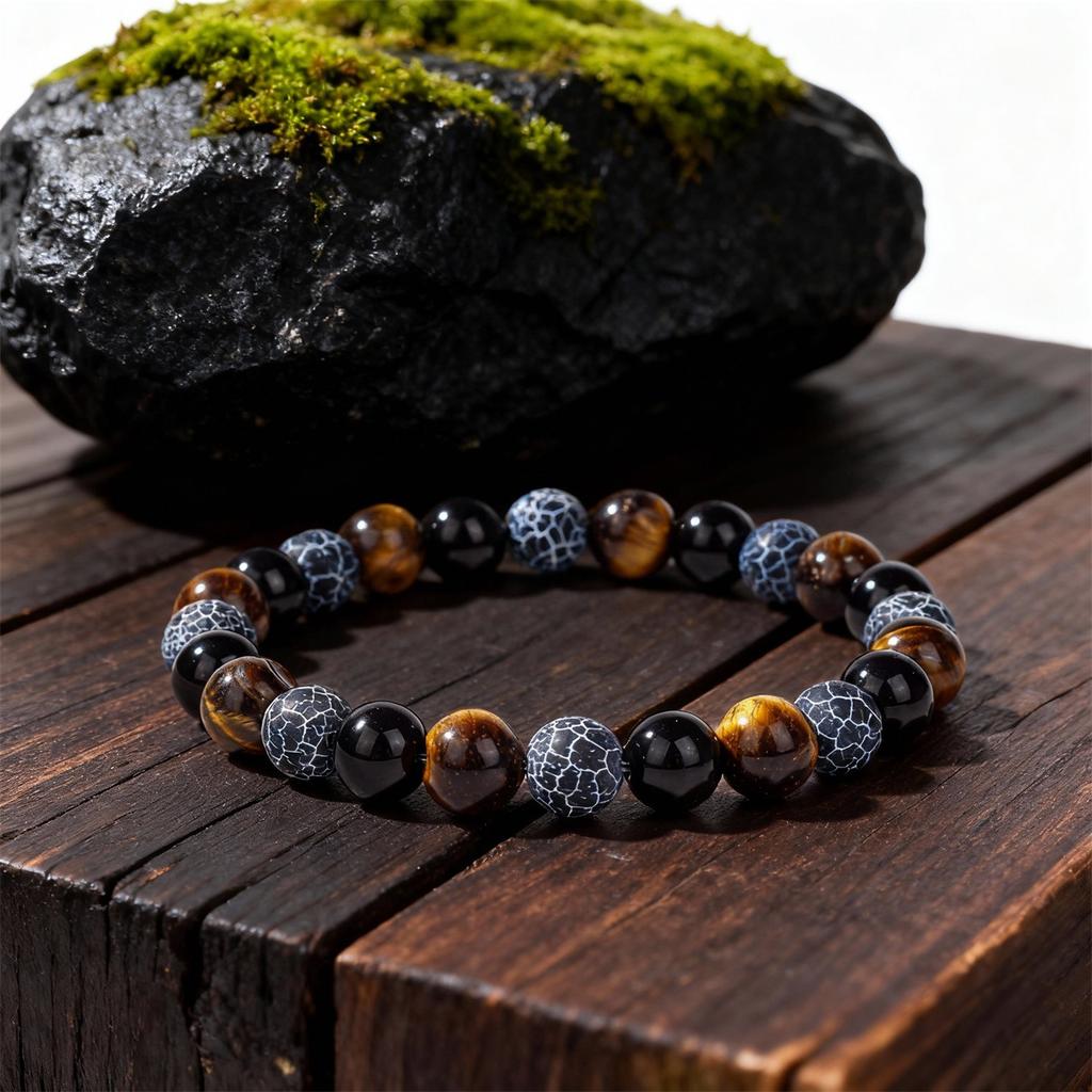 Festive Gifts Tiger Eye Black Onyx Blue Cracked Stone Beaded Bracelet Minimalist Fashion Jewelry For Men Women Daily Wear Gift