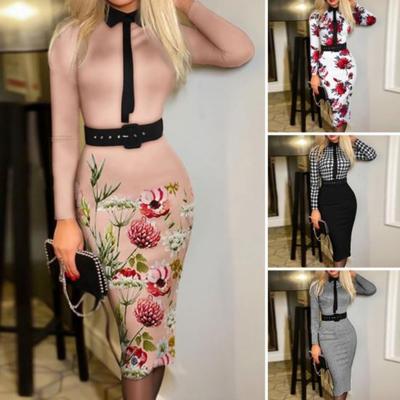 Women Slim Fit Bodycon Midi Dress Lapel Long Sleeve High Waist Plaid Print Office Lady Dress Workwear
