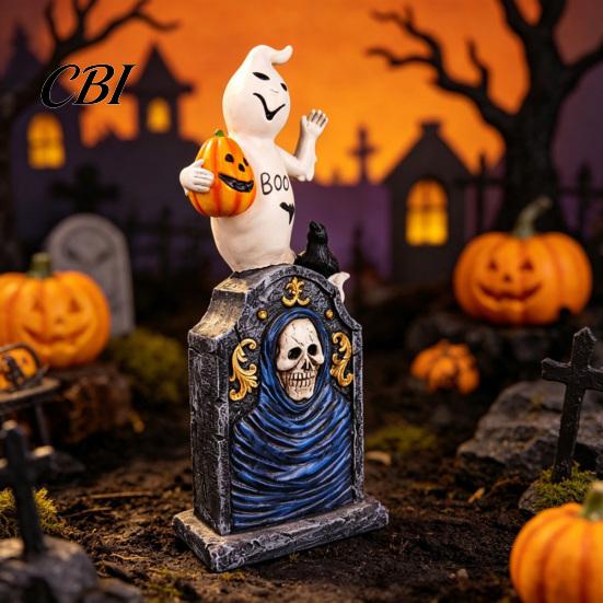 Miniature Resin Tombstones Halloween Tombstone Figurine, Ghost Pumpkin Crow on Creative Gifts Statue for Desktop Haunted House Holiday Party