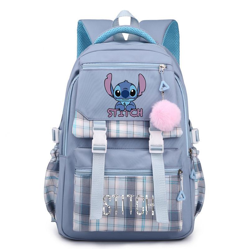 Cute Girl Backpack For School With Stitch Print And Checkered Patchwork Design For Middle School Students