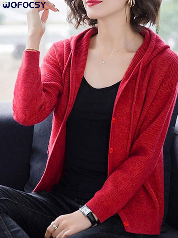 WOFOSY Hooded Knit Long Winter Outerwear for SY179 Women's Cardigan, Sleeve, Warmth, Fall/Winter, (Red)