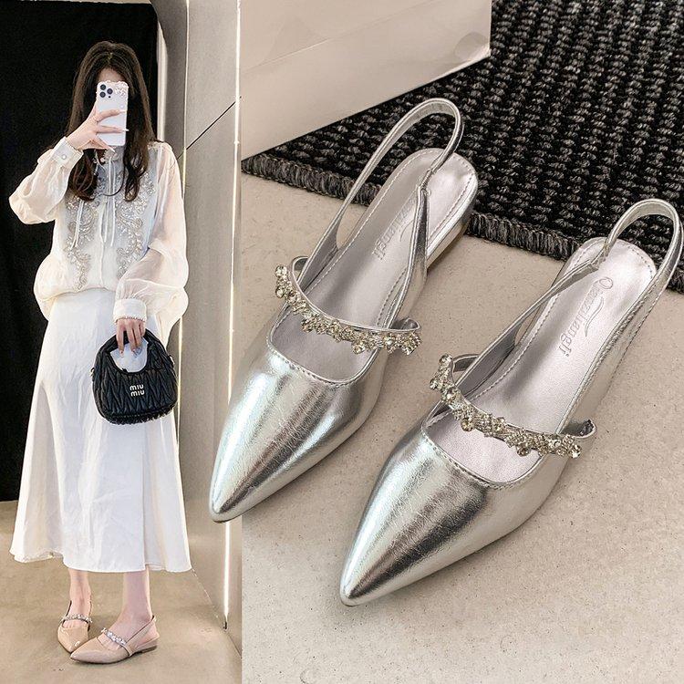 Fashion 2025 Summer Comfort Shoes for Women Rhinestone Sandals All-Match Retro Pointed New Girls Crystal Scandals Toe Pointed Heel Sanda