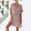 Women Summer Floral Midi Dress Casual V-Neck Ruffle Short Sleeve Flowy Dress Boho Beach