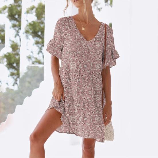 Women Summer Floral Midi Dress Casual V-Neck Ruffle Short Sleeve Flowy Dress Boho Beach