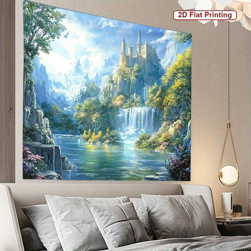 Fantasy Castle Landscape Tapestry  Enchanting Nature Scene Mythical Art Wall Hanging for Bedroom or Dorm Decor