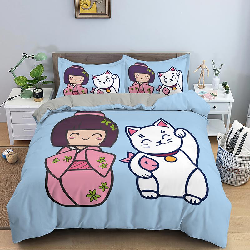 Japanese Doll Printed King Queen Duvet Cover Cartoon Lucky Cat Bedding Set For Kids Girls Fan White 2/3PCS Polyester Quilt Cover