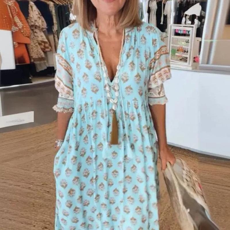 Vestido de Verão Feminino Boêmio com Decote em V, Estampa da Moda, Manga Lanterna, Cintura Alta e Saia Rodada