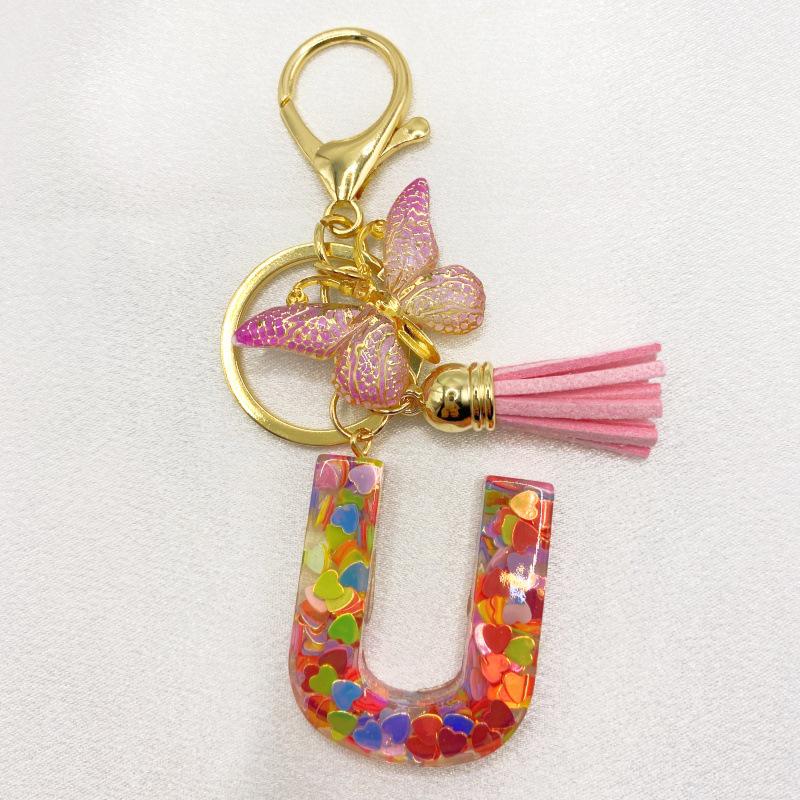 26-Letter Alphabet Resin Keychain with Star Sequins & Tassel Charm