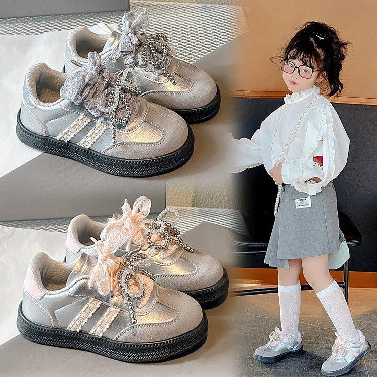 Girls' German training shoes Children's sports shoes Fashion lace bow Girls' casual shoes Spring and autumn baby classmates