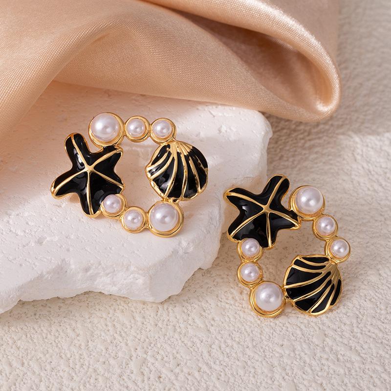 Colorful Drip Oil Starfish Mother-of-Pearl Pearl Stainless Steel Stud Earrings - Women's Non-Fading Light Luxury