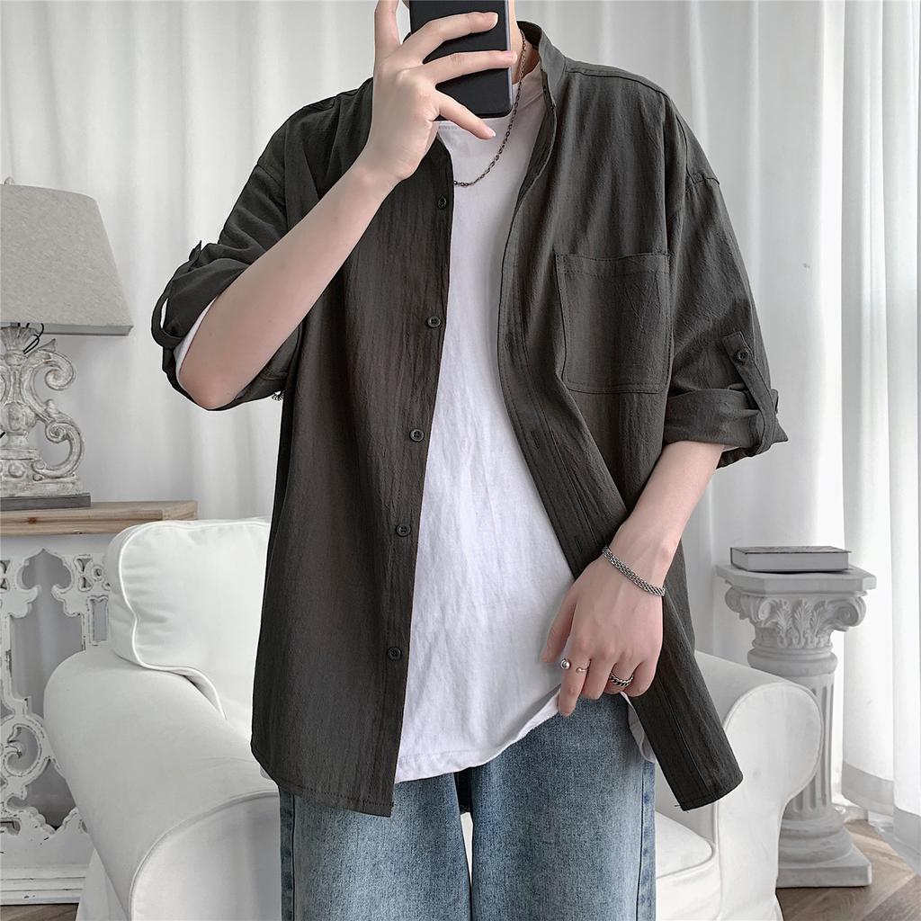 2022 Summer New Casual Men's Shirt Cotton Solid Color Three Quarter Shirts For Men