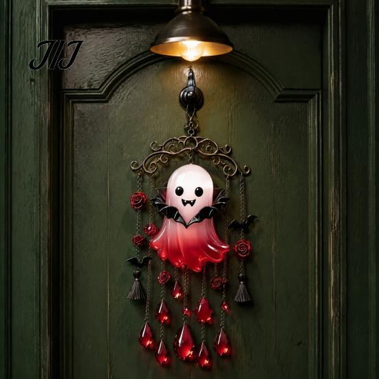 Spooky Home Decor Halloween Ghost Wind Chime Decoration, Vintage Sun Catcher with Faux Crystal Window Hanging Decoration Drops Tassels, Acrylic