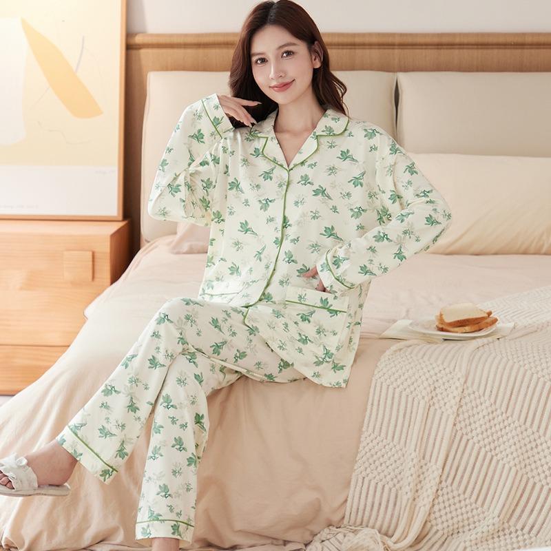 Pajamas women's spring and autumn imitation cotton long-sleeved autumn mother's new loungewear large-size set