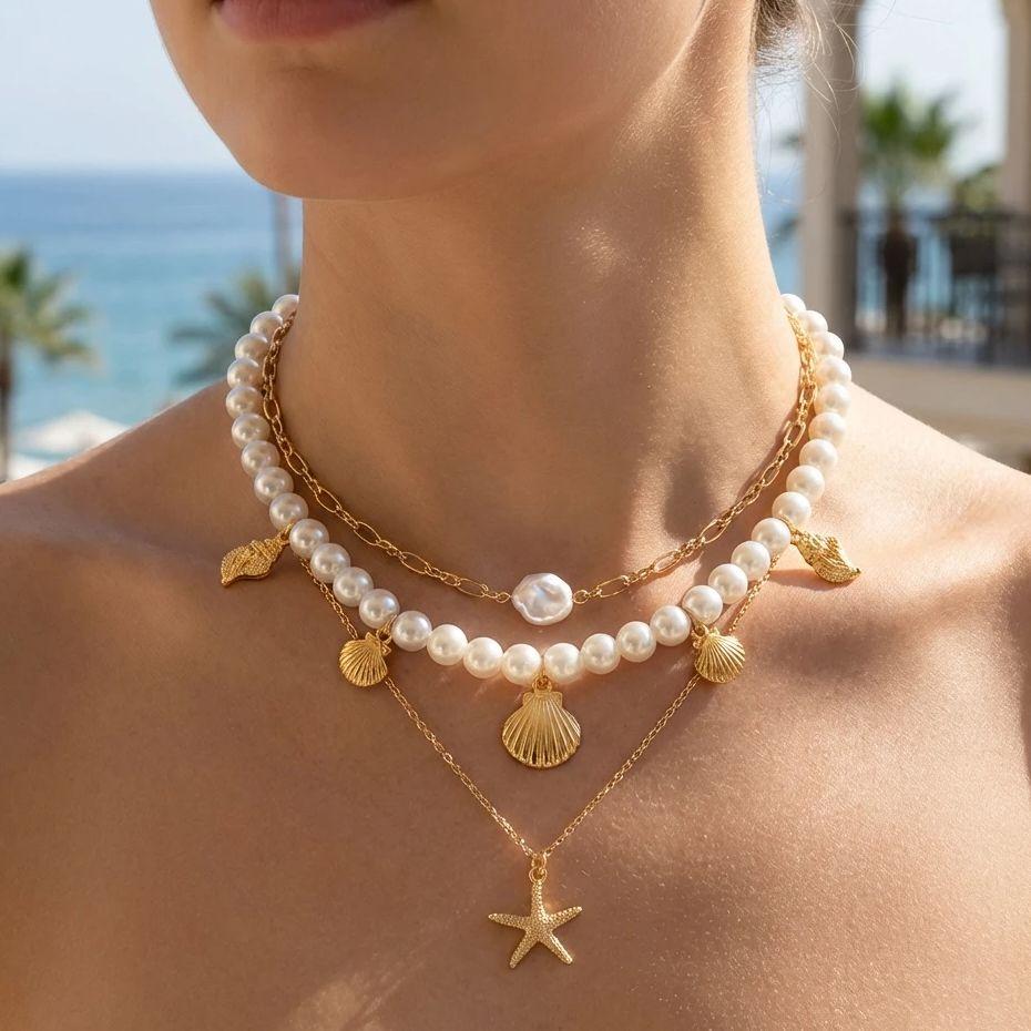 Elegant Imitation Pearl Chain Necklaces for Women Fashion Metal Starfish Shell Pendant Necklaces Minimalist Summer Jewelry Gifts