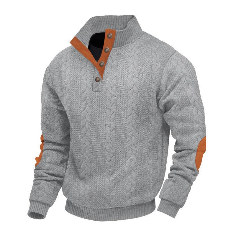 Jacquard Men's Button-Down Stand Collar Patchwork Henley Long-Sleeved Casual Sweatshirt