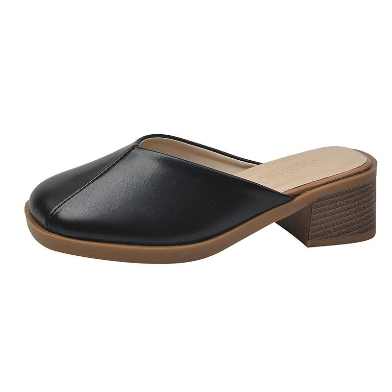 Fashion Comemore Woman Women Slip On Mules Baotou Slippers Casual Spring Summer Chunky High Heels Square Toe Solid Half Slipper Sandal
