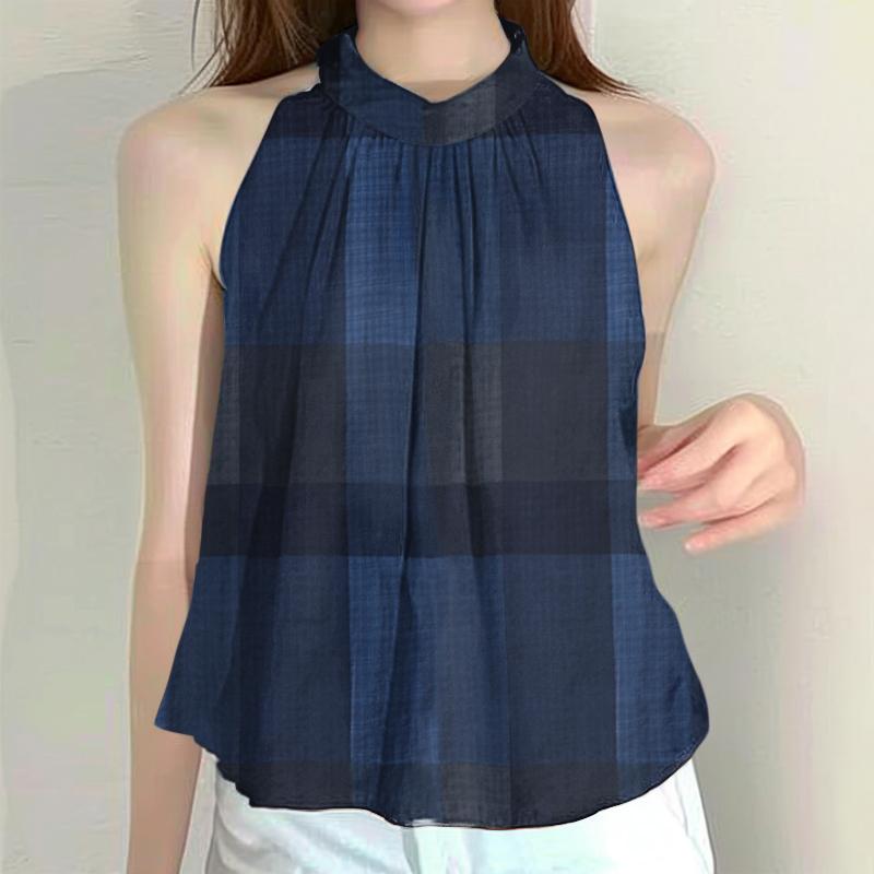 

ZANZEA Женские летние топы без рукавов с принтом в клетку S синий