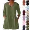 Women's Fashion Solid Color V Neck 3/4 Sleeve Pocket Casual Loose Fit Pullover Shirt Top