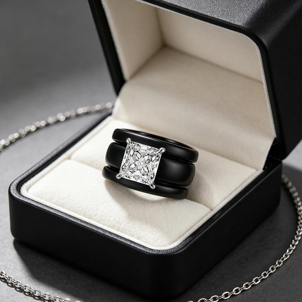 Princess Cut Cubic Zirconia Ring with 3-Layer Black Ceramic Band, Modern Chunky CopperPlated Statement Ring, Bridal Promise Jew