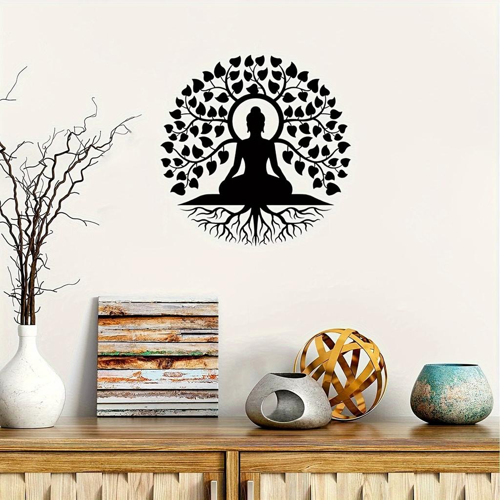1ks Kovové nástěnné umění Strom života Buddha, Černá nástěnná dekorace Strom života, Socha Buddhy Mandala Meditace Jóga Zenová místnost Dekor