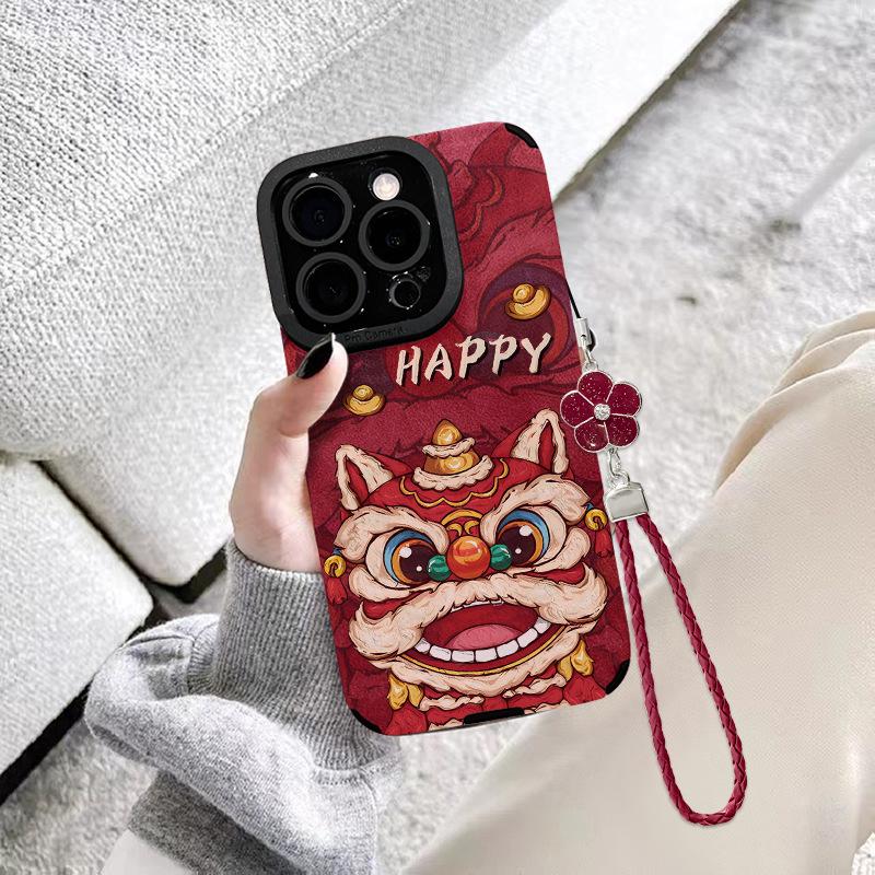 Cute Lion Dance Bracelet, Suitable for Apple New Year Phone Case 15pro, Red and Festive, 14-hole Anti-drop 13/12