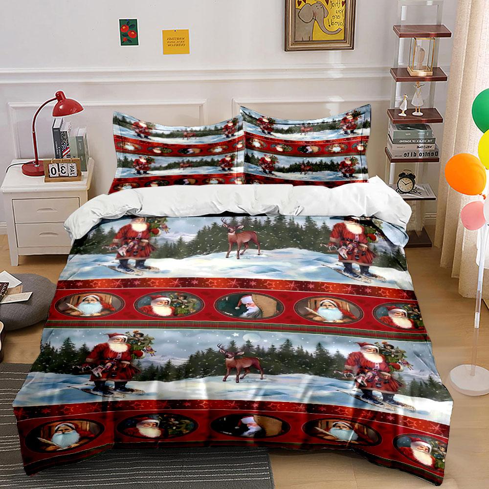 Christmas Santa and Reindeer Scene Bedding Duvet Cover Set (1*Duvet Cover 2*Pillowcases, without duvet insert)