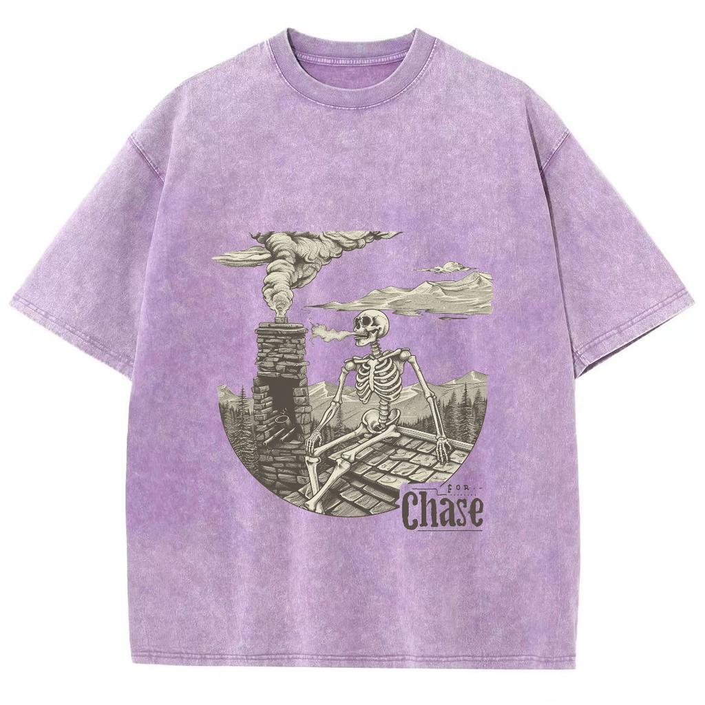 Cartoon Skull City Industrial Print Cotton Wash T-Shirt Women's Men's Oversized Crew Neck Short Sleeve Design Niche Top
