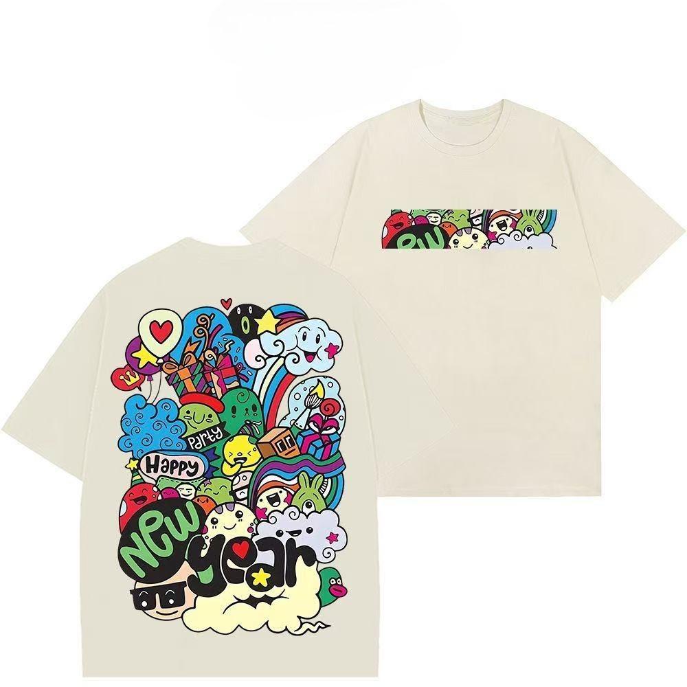 2025 Summer and Autumn new cartoon graffiti print T-shirt casual and sporty short-sleeved men's and women's street tops
