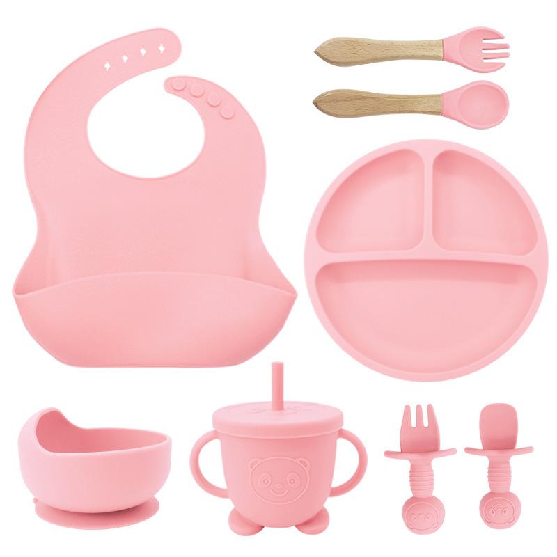 Set de farfurii din silicon pentru copii pentru a învăța să mănânci, furculiță de antrenament, lingură, supliment alimentar, ventuză, bol, anticădere și antiopărire