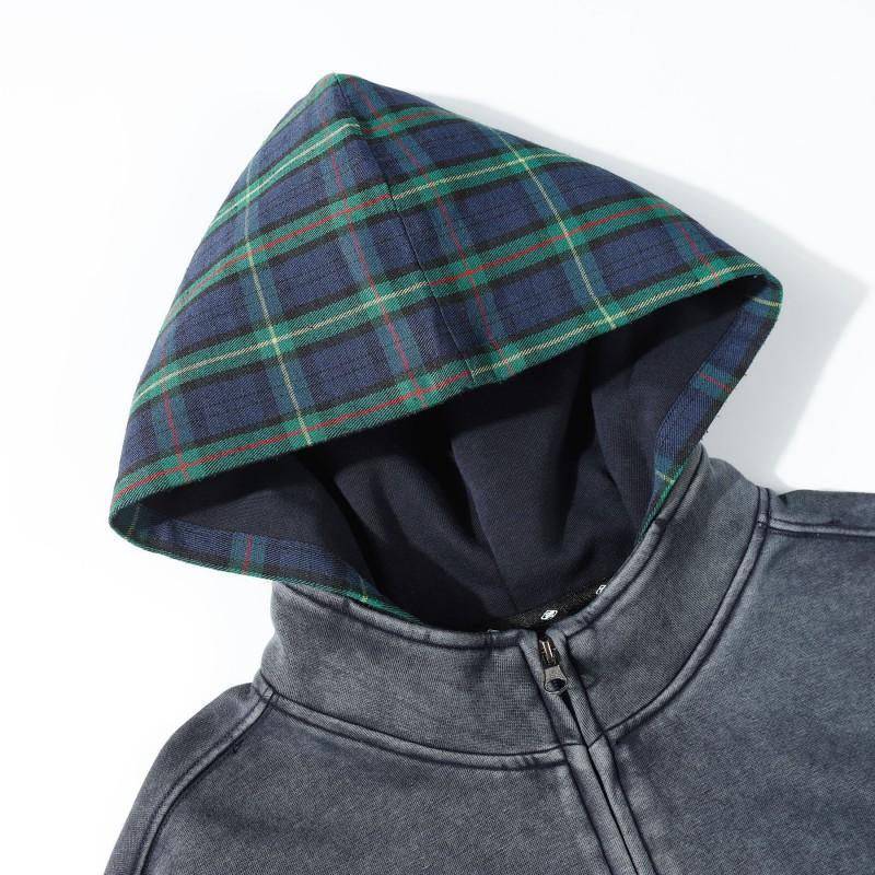 Mens Winter Oversized Hooded Sweatshirt With Washed Plaid Print Loose Fit Streetwear