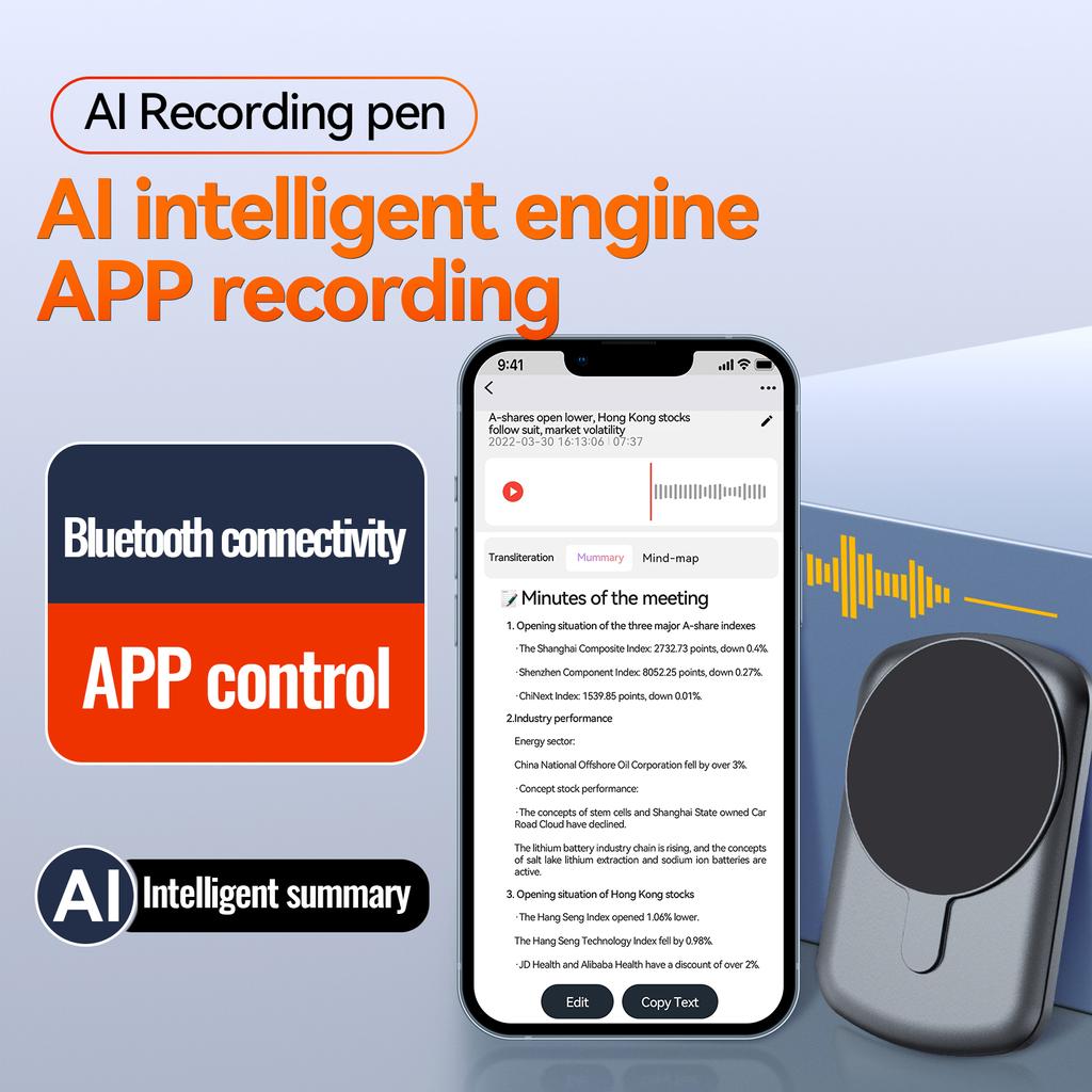 AI Voice Recorder 64GB Audio Recorder App Control Intelligent STT Engine Real Time Transcribe and Translate Summarize