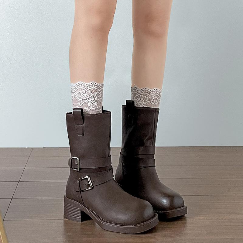 Fashion Belt Buckle Women Mid Calf Boots Punk Style Square Toe Thick Heels Shoes Autumn Winter Western Cowboy Booties