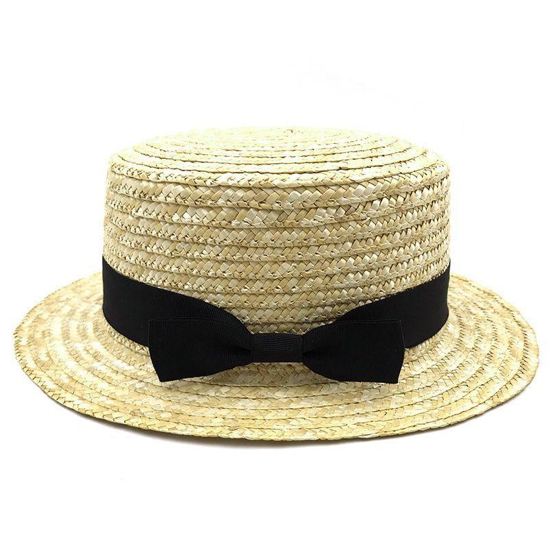 Flat Top Beach Ribbon Straw Hat Girls Bowknot Sun Hat