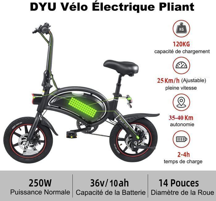Vélo Électrique Pliant Portable De 14 Pouces, DYU DF3 Avec 3 Modes De Conduite, Pédales D'assistance, Hauteur Réglable