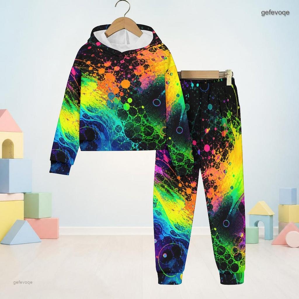 Kids Boys Girls Colorful Splash Printed Hooded Long Sleeve Sweatshirt Cuffed Pants Two Piece Set