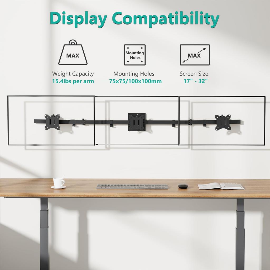 WALI Triple Monitor Wall Mount for Inch Computer Monitor Swivel Tilt Wall Mount for 3 Screens with Mounting Max Weight Capacity Per Arm Black 17-32