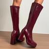 Patent Leather Waterproof Tall Boots Fashion Square Toe Sleeve Platform Non-Slip Block Heel Pumps