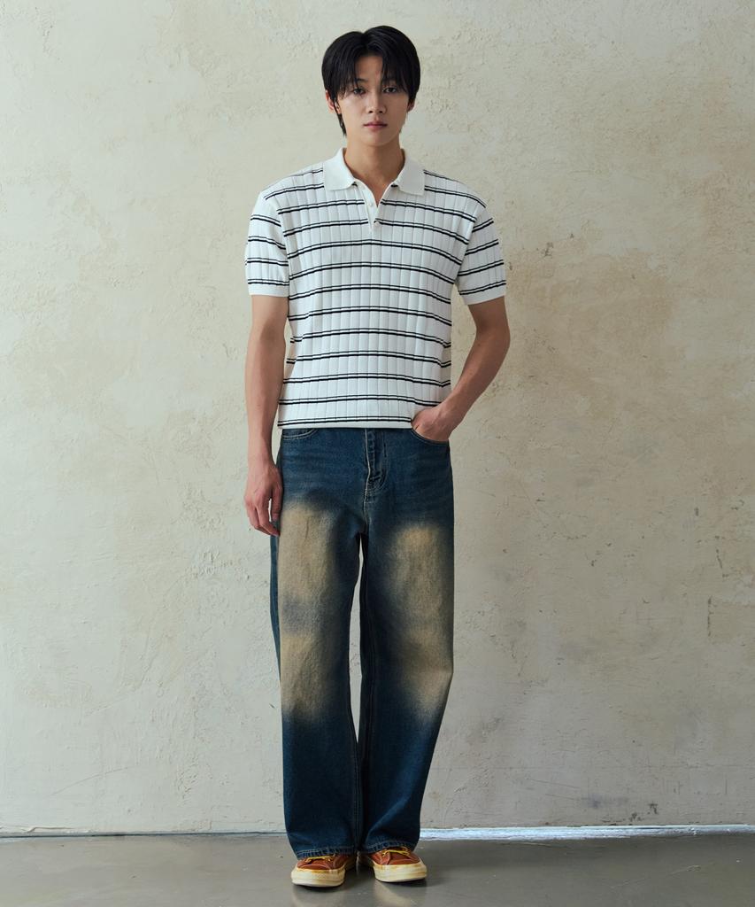 NODU Collar Block Stripe Short Sleeve Knit [Ivory]