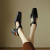 Fashion Split Leather Summer Sandals Square Toe Chunky Heel Sandals for Women High Heels Mary Jane Shoes T-shaped Buckle Ladies Shoes