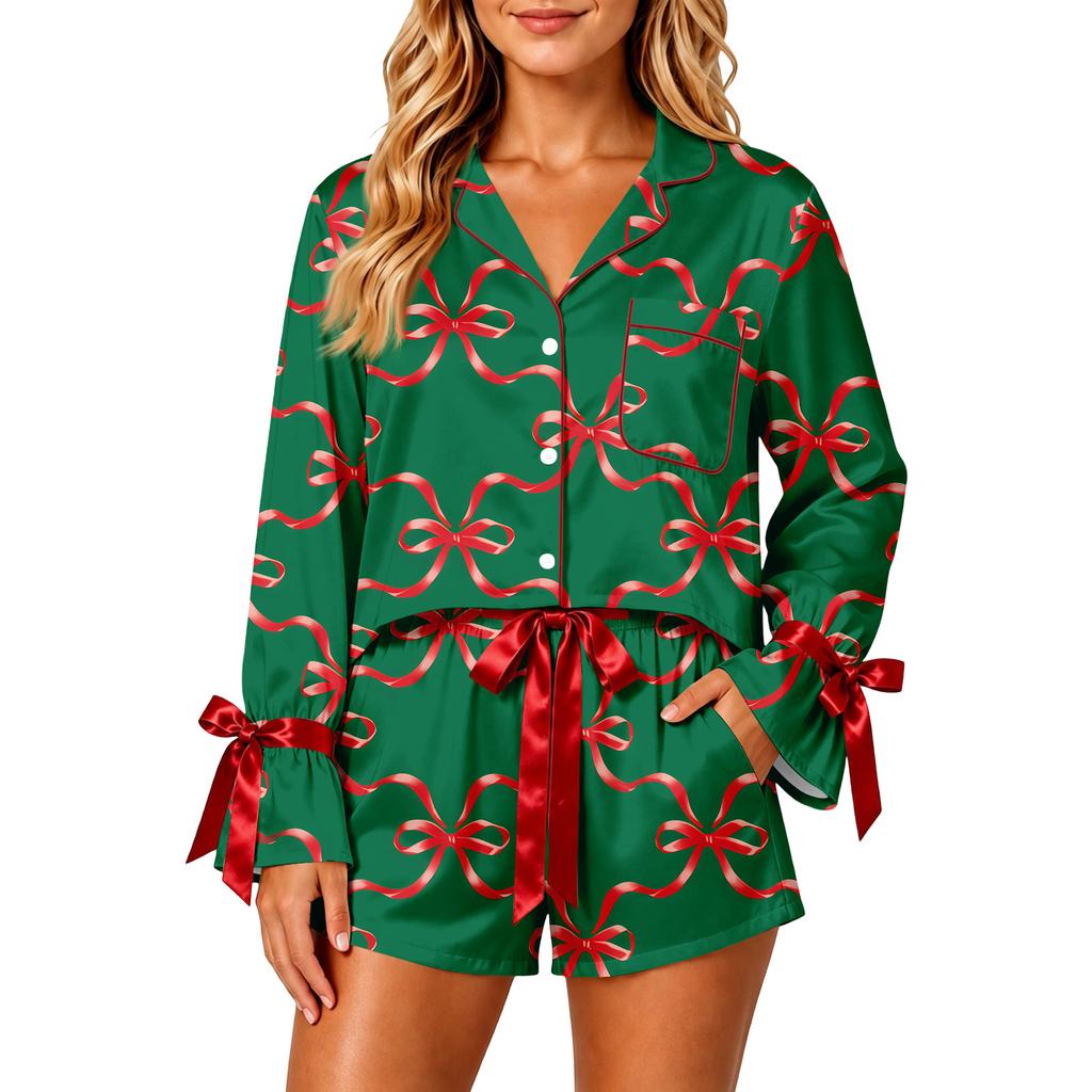 Women's Christmas Two Piece Pajama Set with Button Down Shirt and Shorts Sleepwear