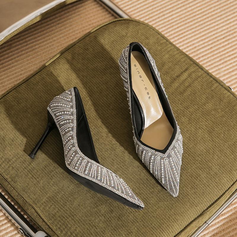 

8867 [sheepskin] high heels women s thin heels 2025 new pointed rhinestone pearl temperament shallow mouth single shoes 34