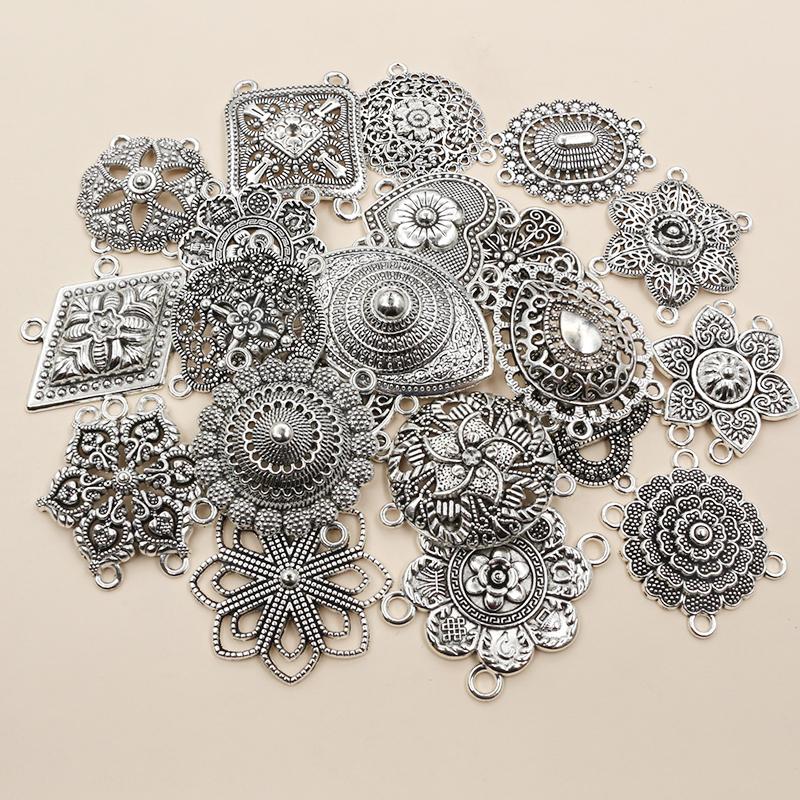 10pcs Antique Silver Plated Bohemian Vintage Flower Connector Charm Pendant DIY Necklace Bracelet Jewelry Making Accessories