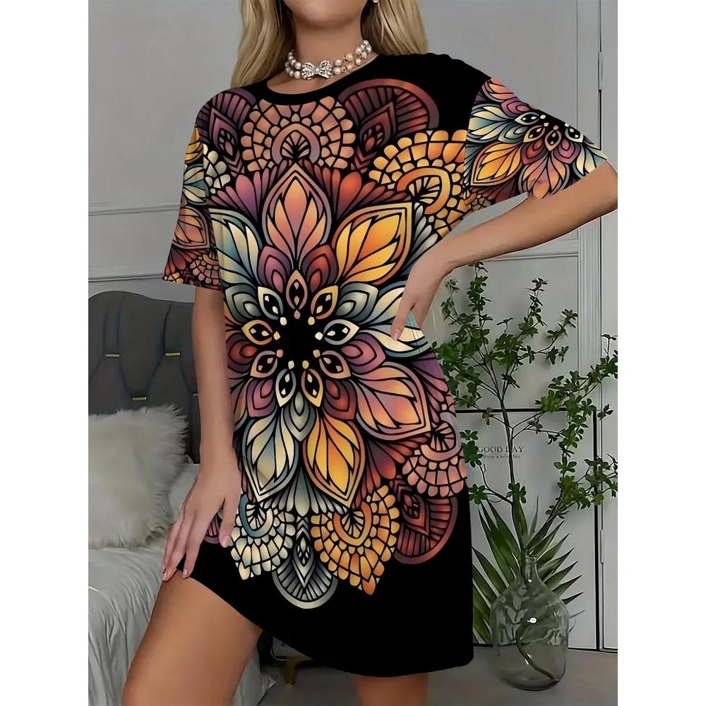 Casual Versatile T-shirt Dress Comfortable Loose Crew Neck Casual Dresses
