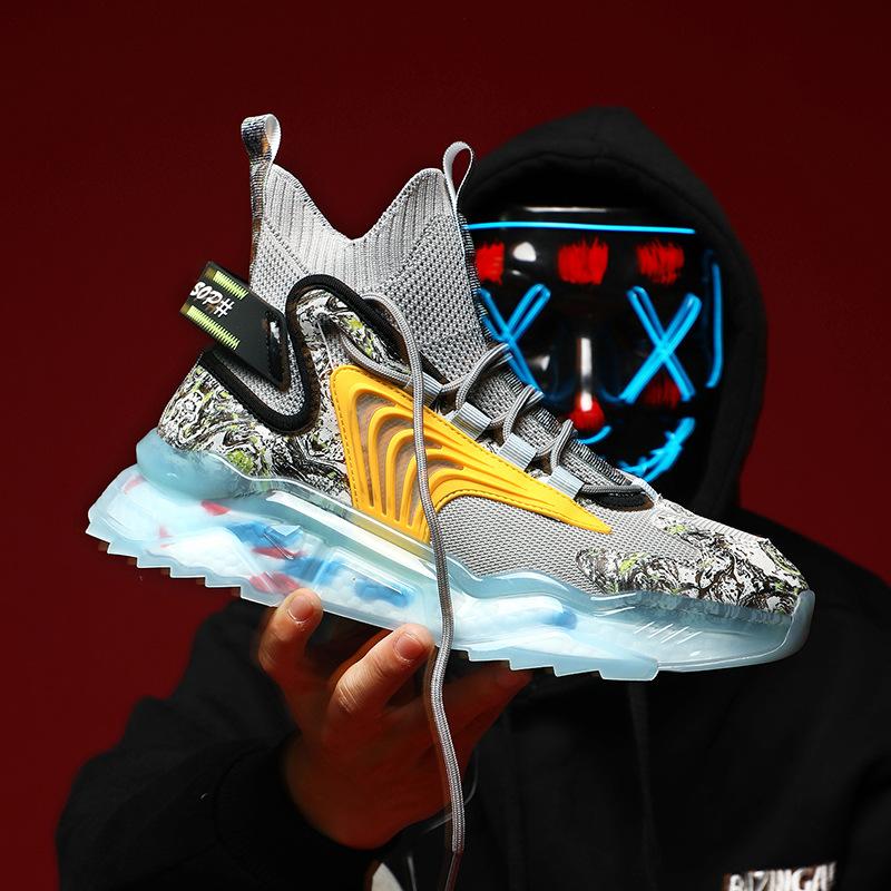 

Large size high-top socks shoes men s casual shoes popcorn men s shoes Korean version breathable fly-woven sports running shoes 46 серый