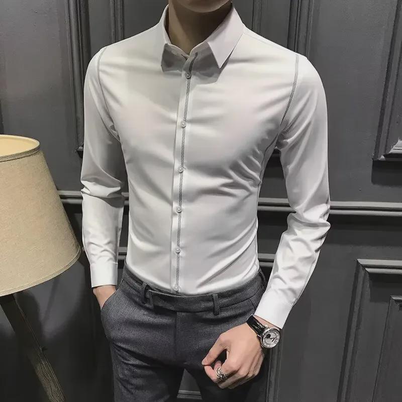 Men's Gray Slim Fit Long Sleeve Business Casual Shirt - Wrinkle-Free Korean Trend